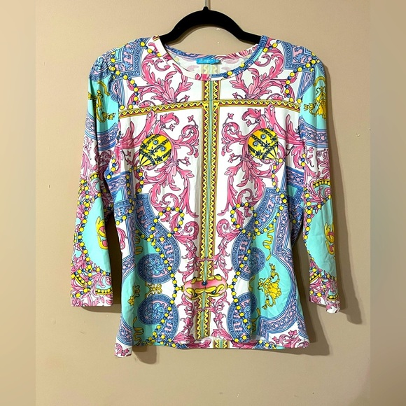 J. McLaughlin Pink and Blue Patterned Blouse 3/4 sleeves size Medium - Picture 1 of 8